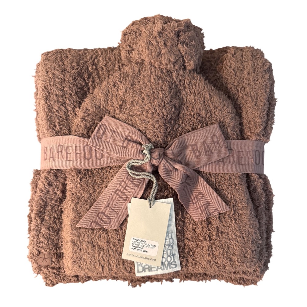 Barefoot Dreams CozyChic Pom Pom Beanie & Scarf Set Chestnut One Size‎ NWT (N)